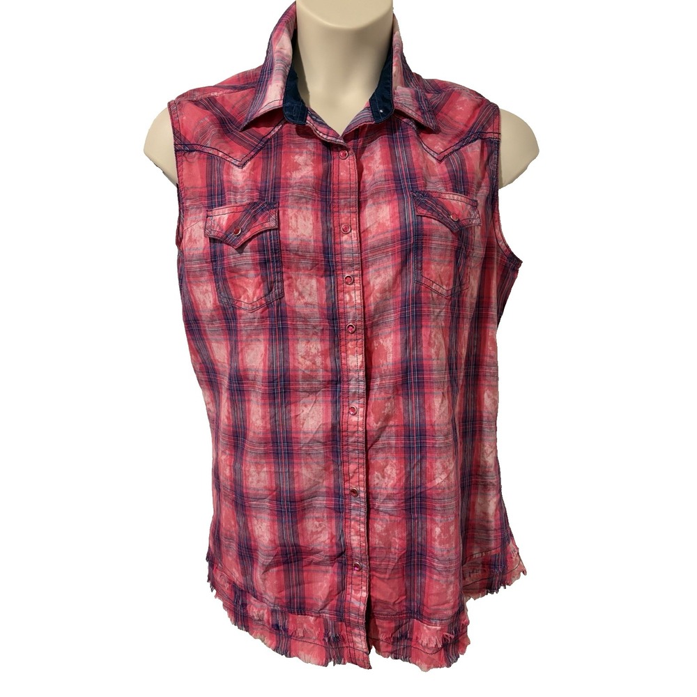 Rock 47 Wrangler Western Rhinestone Snap Shirt~XL~ Slvls Pink Plaid Glam Cowgirl